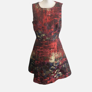 Leslie Fay Womens Sz 14 Dress Jacquard Fit Flare Tea Length Lined Red Formal